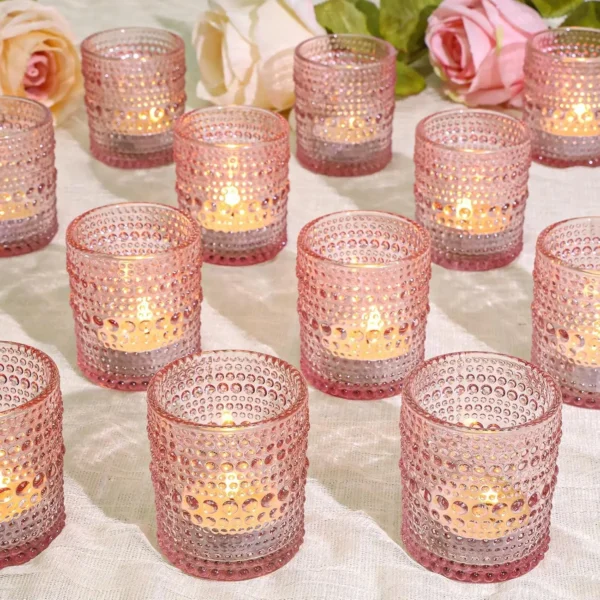 24 Pcs Pink Glass Votive Candle Holders